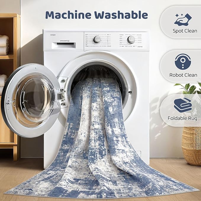 7x10 Area Rug Living Room: Washable Large Abstract Modern Soft Rug Stain Resistant Indoor Floor Non Slip Accent Carpet for Bedroom Nursery Playroom Dining Room Office Dorm Home House- Navy Grey