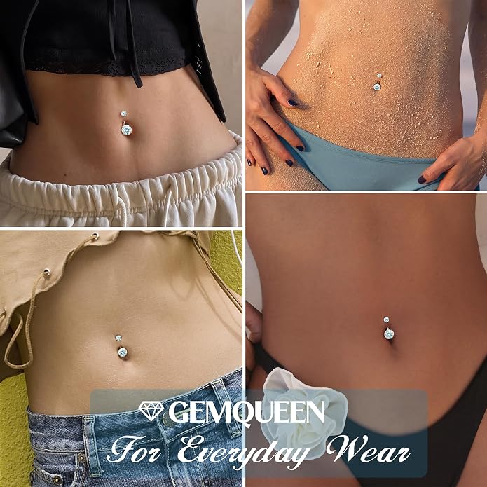 GEMQUEEN Moissanite ＆ G23 TItanium Belly Button Ring 18K Gold Plated Hypoallergenic Internally Threaded Belly Rings 14G Navel Piercing Jewelry For Women Men D Color VVS1 Clarity Brilliant Cut