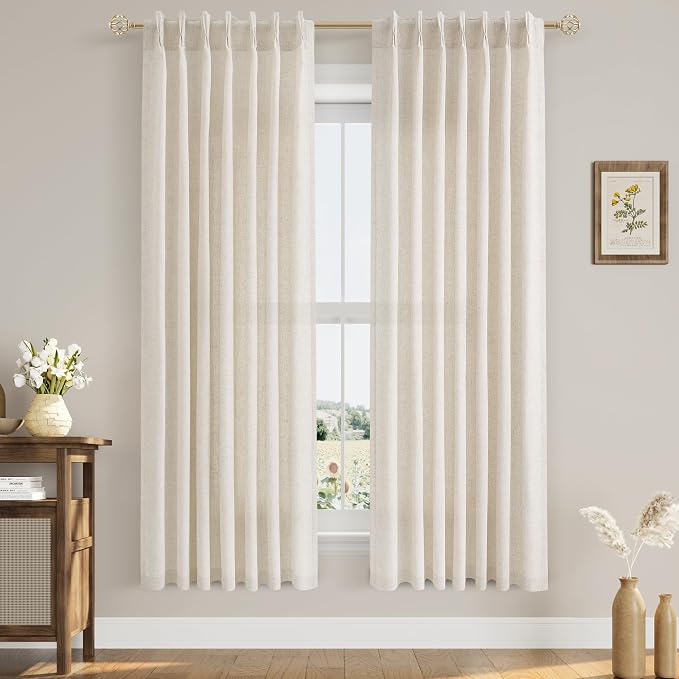 Cream Beige Linen Curtains 72 Inches Long 2 Panels Set for Living Room Bedroom Pinch Pleated Back Tab Drapes Neutral Modern Farmhouse Decor Semi Sheer 72 Inch Curtains for Dining Room Window Cabin