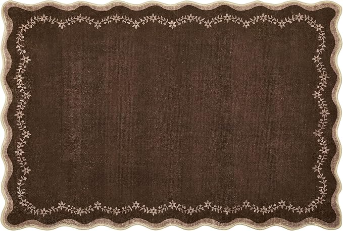 GarveeHome Scalloped Entryway Rug 2x3 Brown Washable Front Door Entry Rug | Indoor Entrance Carpet Non-Slip Low Pile Throw Rugs for Kitchen Floor, Powder Room, Entry, Bathroom, Kids Room