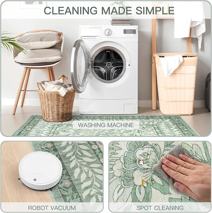 8x10 Vintage Washable Sage Green Area Rug | Living Room,Low Pile Non Slip Carpet Non-Shedding Large Soft Indoor Stain Resistant Floral Print Mat for Bedroom Dining Room
