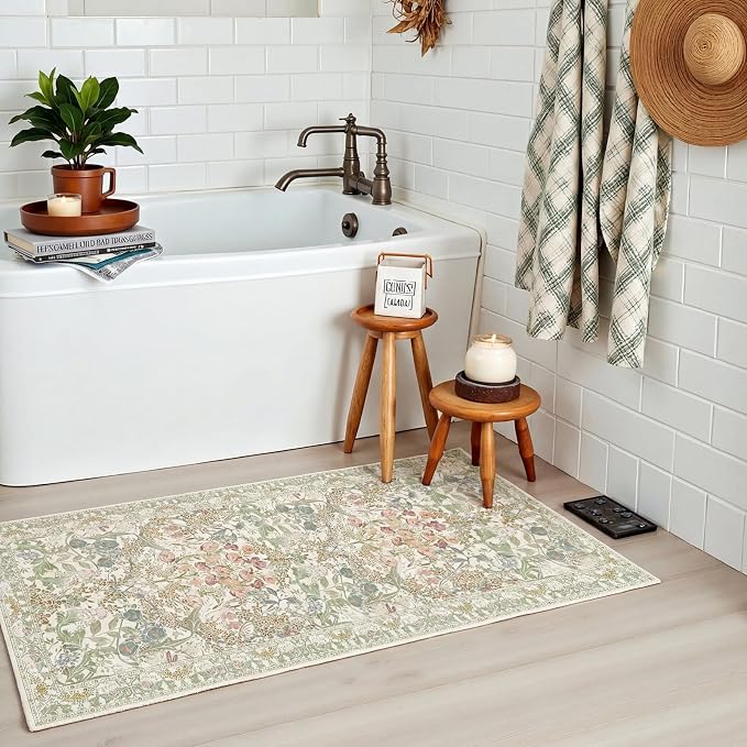 Washable Bathroom Rug 2x4 Non Slip - Sage Green Small Rugs Front Door Rugs Indoor, Vintage Cream Beige Green Floral Style Rug for Kitchen, Laundry, Perfect for Entryway Décor