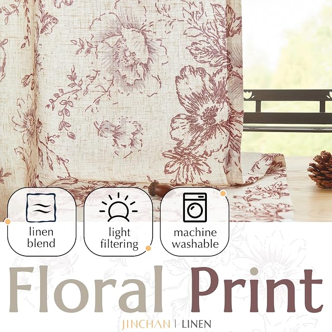 jinchan Red Floral Linen Curtains 45 Inch Vintage Back Tab 2 Panels | Light filtering drapes, semi sheer, farmhouse, cottagecore, rustic, living room, bedroom, rod pocket, window treatment