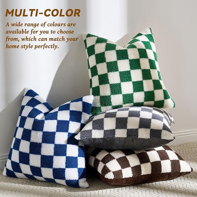 AmHoo Pack of 2 Decorative Throw Pillow Covers Checkerboard Luxury Super Soft Faux Fur Wool Set Case Cushion for Couch Sofa Bedroom 20 x 20-Inch Coffee