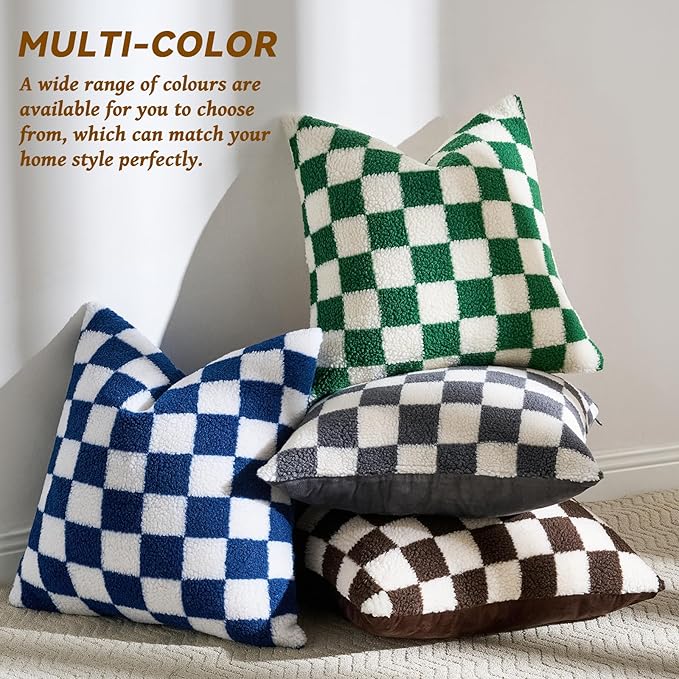 AmHoo Pack of 2 Decorative Throw Pillow Covers Checkerboard Luxury Super Soft Faux Fur Wool Set Case Cushion for Couch Sofa Bedroom 20 x 20-Inch Green