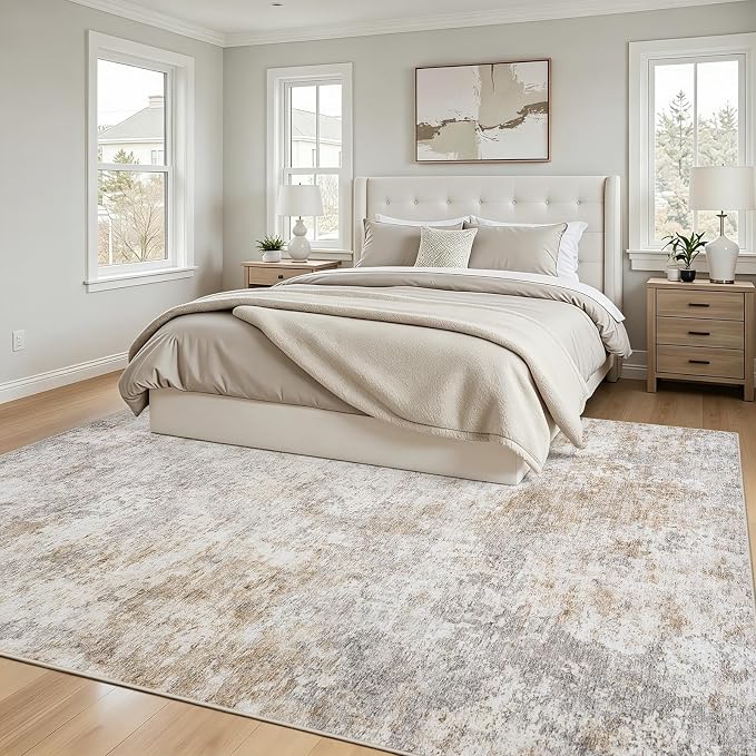 5x7 Area Rugs Living Room Rug Modern Abstract Neutral Washable Rugs Non Slip Soft Carpet Large Area Rug Low Pile Stain Resistant Non Shedding for Bedroom Nursery Dining Room Home Office Brown