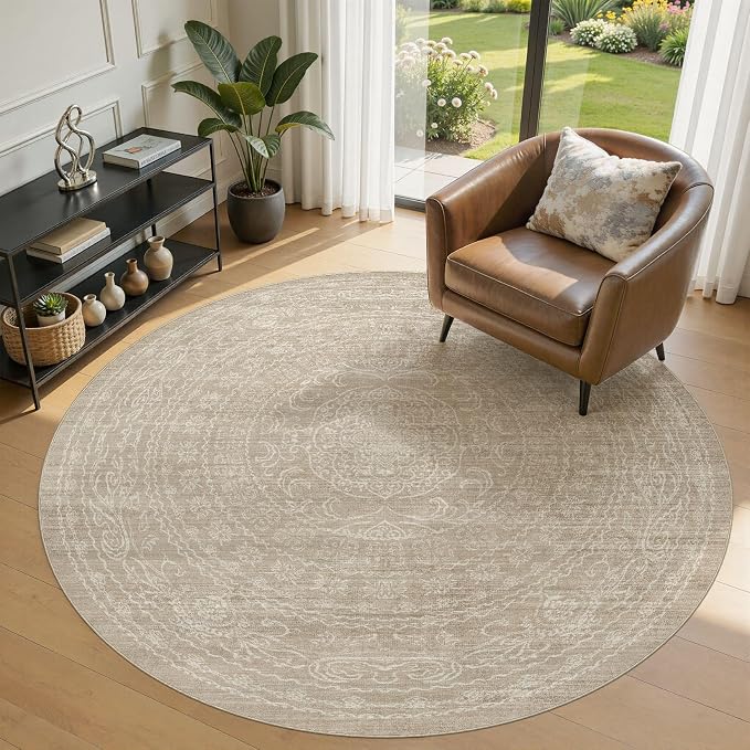 6ft Round Rug Living Room: Washable Large Vintage Rug Neutral Non-Slip Soft Stain Resistant Indoor Carpet for Bedroom Nursery Dining Room Under Table Bed Home House Office Playroom - Brown