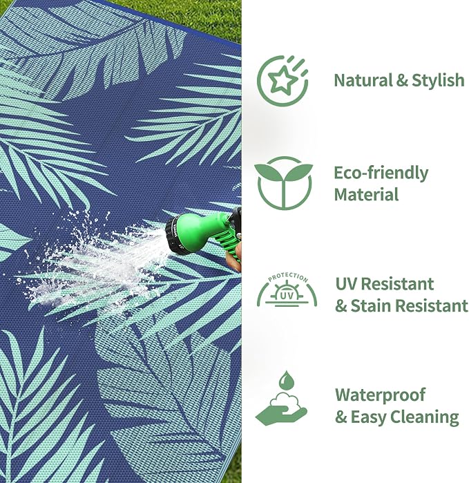 GENIMO Outdoor Rug, Waterproof Plastic Rugs for Patio, 5'x8' Navy Green | Outside Larger Leaf Carpet Mat for Porch Decor, Deck, Balcony, Camping, RV, Backyard, Picnic, Beach, Reversible, Foldable