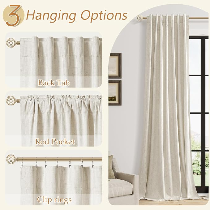 Guken 100% Blackout Linen Curtains for Bedroom 90 inches Long, Thermal Insulated Room Darkening Black Out Drapes for Living Room, Back Tab Rod Pocket 2 Panels Set,Birch Beige,52x90