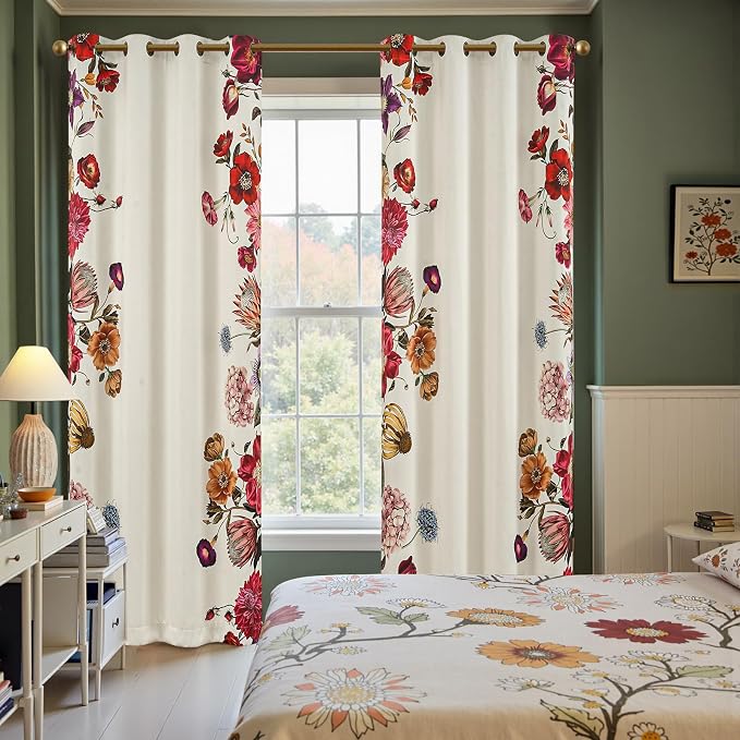 jinchan Beige Floral Blackout Curtains 96 Inch Vintage Grommet 2 Panels | Room darkening, privacy, vibrant flower print, retro boho bohemian drapes, bedroom, living room, fall decor, window treatment