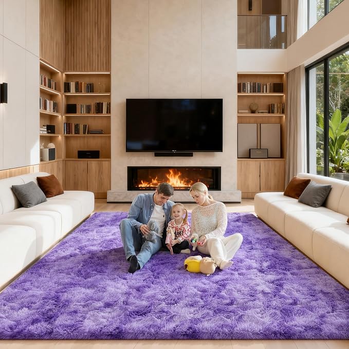 Area Rugs 9x12 Living Room, Large Fluffy Rugs for Bedroom, Fuzzy Shag Soft Non-Slip Carpet for Kids Girls and Boys Nursery Dorm Indoor Room Home Decor (9ft X 12ft, Tie-Dyed Purple)