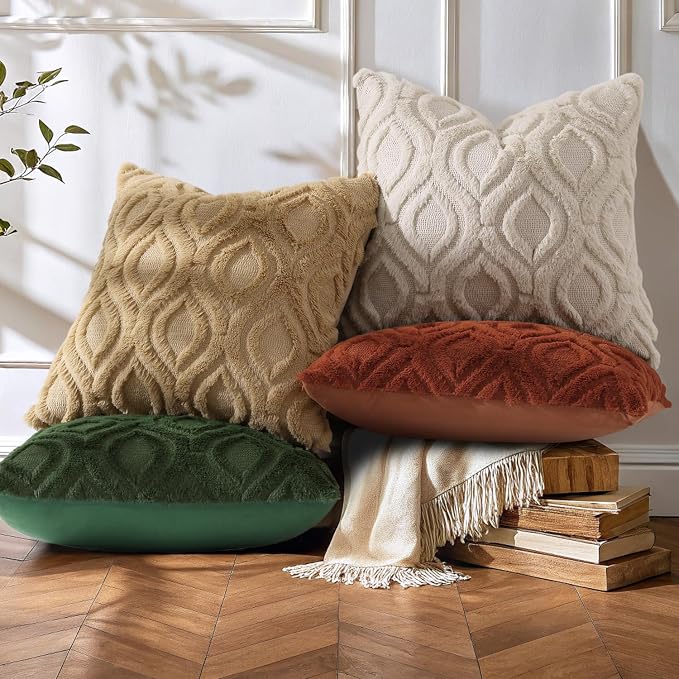 decorUhome Green Rust Faux Fur Soft Throw Pillow Covers 20x20 Set of 4 | Fall Neutral Decorative Plush Couch Pillow Covers, Accent Modern Farmhouse Neutral Pillow Cases for Sofa Bed Living Room