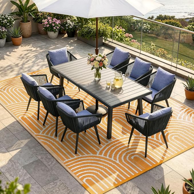 Lahome Outdoor Area Rugs 8x10 Waterproof, Plastic Reversible Rv Mats for Outside, Portable Lightweight Camping Carpet for Beach Backyard Garden (Rainbow Orange, 8'x10')