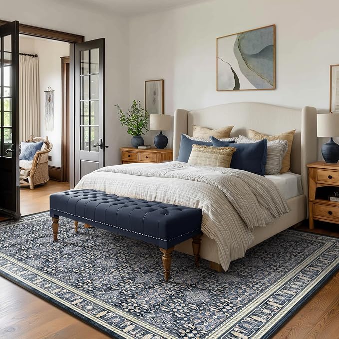 Boho Floral Moroccan Trellis Large Area Rugs 9x12 for Living room, Dark Blue Classic Transitional Style Room Carpet Rug for Bedroom Dining Room, Washable Rug with Rubber Back Low Pile Thin Soft