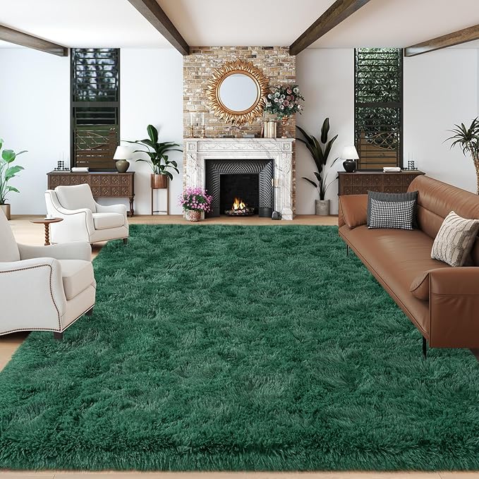 Extra Large 9x12 Green Rug for Bedroom Living Room, Soft Shaggy Area Rugs | Plush Fluffy Upgrade Non-Slip Forest Hunter Dark Green Rug for Classroom Nursery Kids Room Home Decor, Indoor Floor Carpet