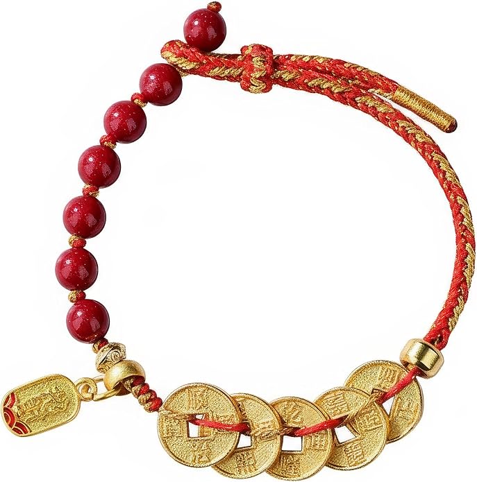 Feng Shui Bracelet with Five Emperor Coins, Beads Amulet for Wealth & Good Luck, Spiritual Protection Jewelry, Adjustable Ha