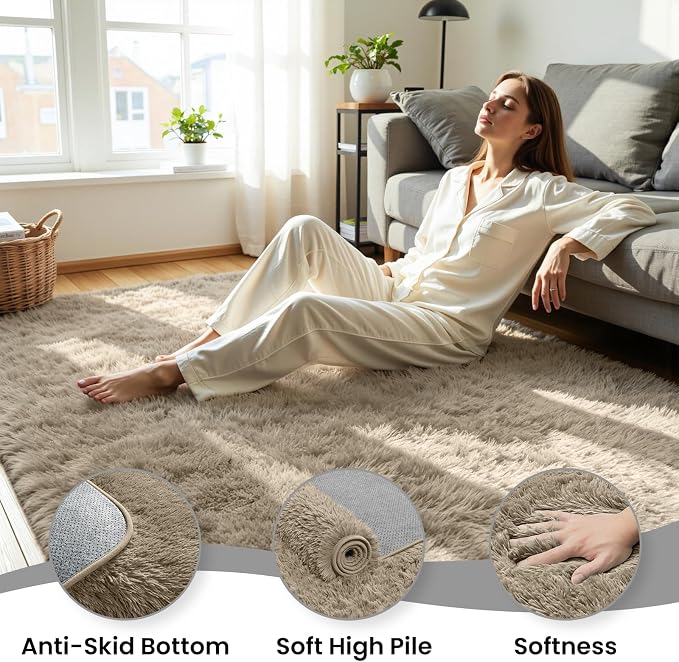 5x7 Area Rug for Living Room, Ultra Soft Fluffy Grey Camel Rugs for Bedroom, Non Slip Large Shag Carpet, Fuzzy Plush Nursery Rug, Thick Washable Indoor Floor Carpets for Kids Office Dorm Home Decor