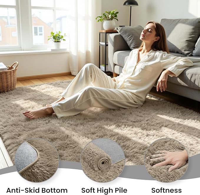 8x10 Area Rug for Living Room, Ultra Soft Fluffy Grey Camel Rugs for Bedroom, Non Slip Large Shag Carpet, Fuzzy Plush Nursery Rug, Thick Washable Indoor Floor Carpets for Kids Office Dorm Home Decor