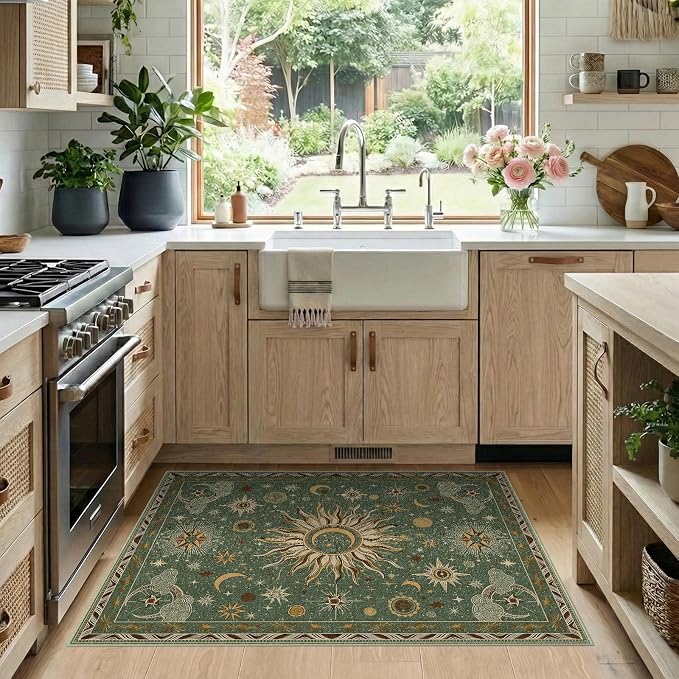 Vacuum-Friendly, 2x3 Washable Area Rug, Green Brown | Sun and Moon Boho Gothic Non-Slip Low Pile Living Roon Bedroom Dining Room Kitchen Entry Entryway Entrance Hallway Doormat