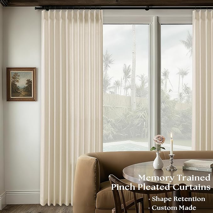 Pinch Pleat 120 Inch Linen Curtains 72 Inch Width Light Filtering | Semi Sheer, Sand Beige, Memory Trained, Pleated Drape, for High Living Room Patio, Boho Neutral, Extra Wide 72 x 120, 10FT