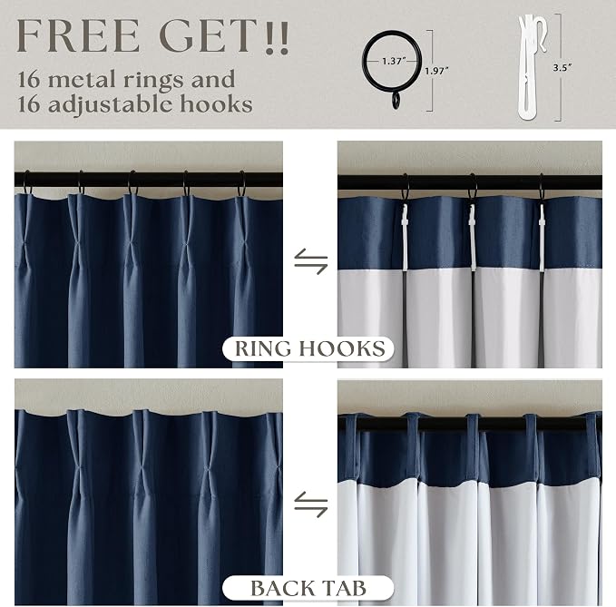 Navy Blue Pinch Pleated Full Blackout Linen 80 Inch Window Curtains | Room Darkening Thermal Insulated, for Living Room Bedroom, Back Tab Pinch Pleat Drapes with Hooks Rings, W40xL80 2 Panels