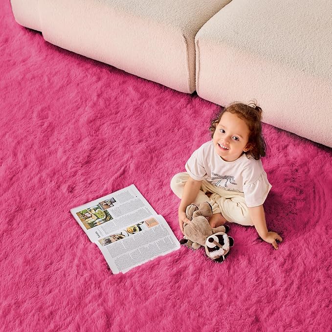 OPPODREAM 8x10 Hot Pink Rugs for Bedroom, Ultra-Soft Fluffy Area Rugs for Living Room, 8 x 10 Shag Carpet for Nursery, Kids, Girl, Boy, Baby, Plush, Fuzzy, Shaggy, Cute Home Decor