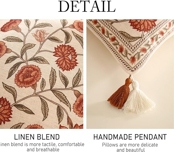 ISAENNE Vintage Elegant Linen Square Throw Pillow Cover,18"x18"-Albano A | Designer French Pillow Cover,Concealed Zipper Design,Orange Floral Pattern,Sofa,Bedroom,Living Room,Lounge Chairs