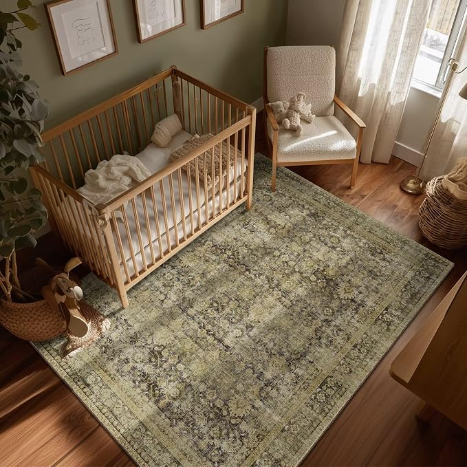 Boho Washable 5x7 Area Rugs for Living Room, Cushioned, Dark Green | Vintage Non-slip Rugs for Bedroom Dining Room Nursery Office, 0.3" Neutral Oriental Throw Thin Carpet, Dark Green/Multi