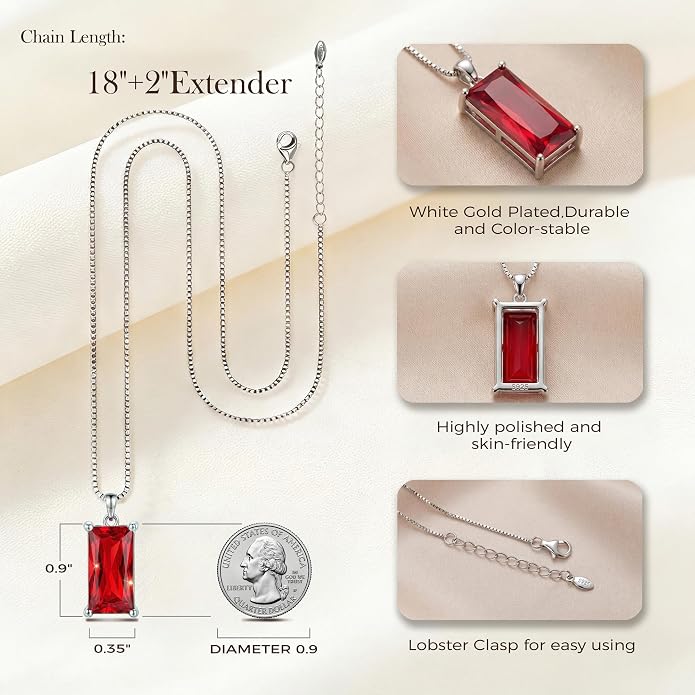 8mm x 16mm Square Birthstone Pendant Necklace – Fashion charming Sterling Silver Gift for women