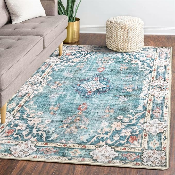MUJOO 5'x7' Area Rugs Teal Washable Boho Rug Non Slip Low-Pile Floral | Machine Washable Large Throw Carpet for Bedroom Living Room Dining Room Soft Floor Indoor Abstract Flowers Blue Colorful