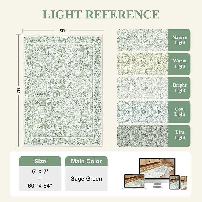 DUKINO 5x7 Area Rug Vintage Floral Washable Rug for Living Room Sage Green | Non Slip, Low Pile, Soft, Lightweight, Boho Indoor Carpet for Bedroom, Office, Dining Room, Dorm Room, Farmhouse, Home Decor