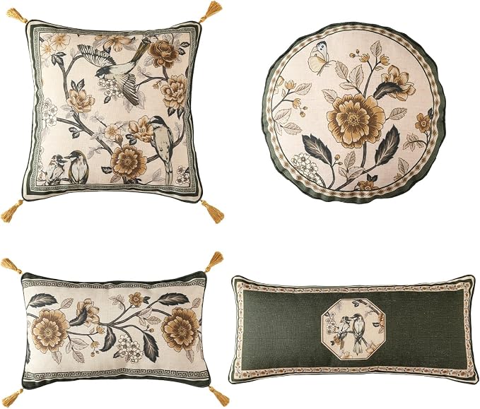 ISAENNE Designer Elegant Linen Throw Pillow Cover,Set of 4-Murad ACDE | French Cottage Pillow Cover,Concealed Zipper,Floral Pattern,Sofas,Bedroom,Living Room,Lounge Chairs,All Season Home Decor