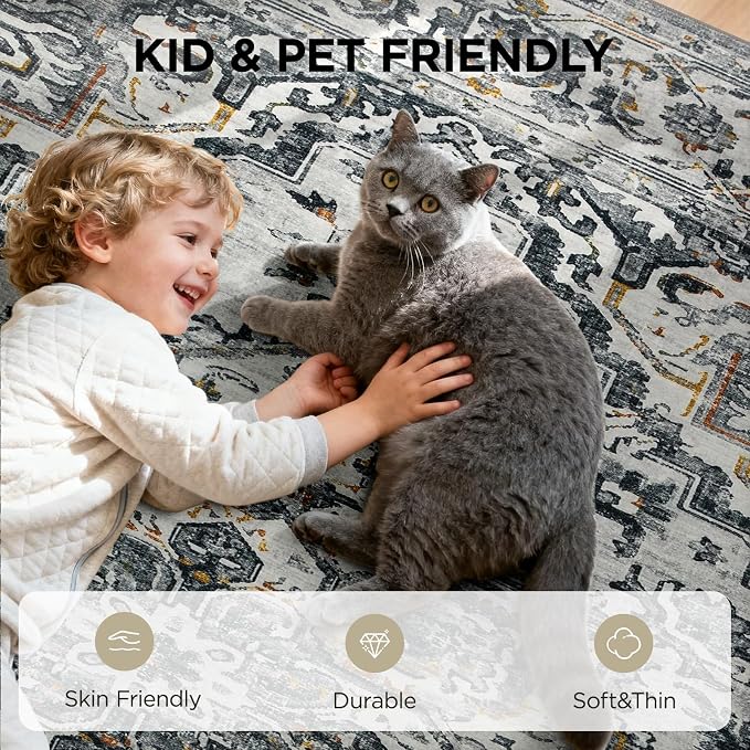 Joydeco 5x7 Area Rugs for Living Room, Non Slip Machine Washable Vintage Rug, Low Pile Thin Chenille Print Rugs for Bedroom, Dining Room, Pet & Child Friendly, Home Office, White&Light Gray&Dark Gray