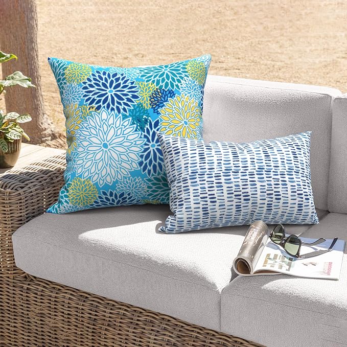 Outdoor Throw Pillows with Inners 20x20 Inch, Square Pillows Decorative for Home Garden Furniture, Dahlia Blue