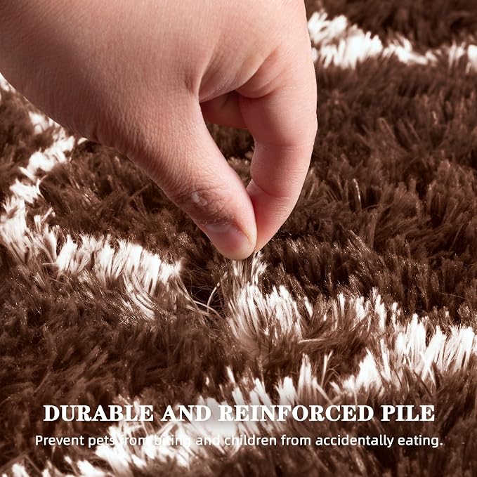 Fluffy Rug for Living Room, Soft Modern 8x10 Brown and White Shag Area Rugs | Non Slip Brown Carpet for Bedroom, Home Decor Aesthetic, Washable Large Fuzzy Plush Floor Mat for Nursery Teen Dorm