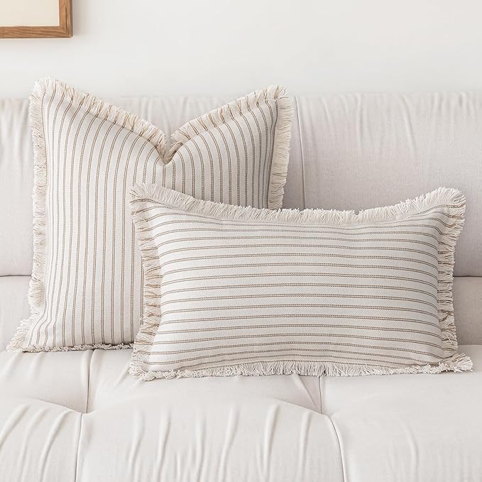 YEENAASY Throw Pillow Covers 18x18 Set of 2 Striped Fringe Pillow Cover Farmhouse Cushion Covers with Tassel Neutral Boho Pillows Decorative Square Pillowcase for Couch Sofa Bed, Khaki