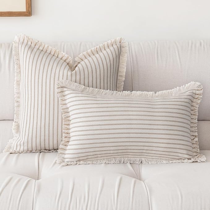 YEENAASY Throw Pillow Covers 22x22 Set of 2 Striped Fringe Pillow Cover Farmhouse Cushion Covers with Tassel Neutral Boho Pillows Decorative Square Pillowcase for Couch Sofa Bed, Khaki