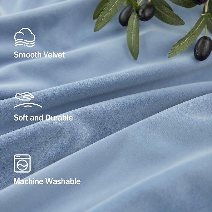 Dusty Blue Velvet Curtains 84 Inches Long 2 Panel Back Tab Rod Pocket Thermal Insulated Room Darkening Stone Light Blue Blackout Curtain for Living Room Bedroom Floor Length Slate Grey Blue Gray Drape