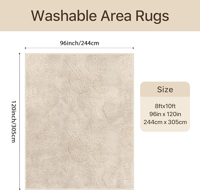GENIMO Soft Washable Area Rugs 8x10, 3D Modern Floral Rugs for Living Room, High-Low Pile Textured Non Slip Fuzzy Carpet, Non-Shedding Stain Resistant Thin Beige Rugs for Bedroom, Dining Room