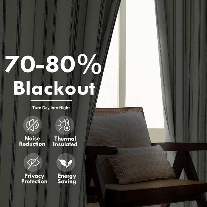DriftAway Farmhouse Stripe Blackout Curtains, W52xL84, Black | Blackout, Linen Texture, Stripe Pattern, Rod Pocket & Back Tab, Two Layers, Bedroom Living Room Use, Sound Reducing Design
