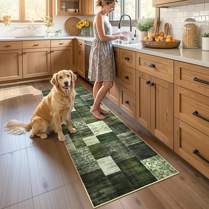 DweIke Runner Rug for for Hallways, 2'x6' Washable Kitchen Rugs with Non Slip Rubber Backing, Soft Low Pile Non-Shedding Geometric Carpet for Laundry Bedroom Bathroom, Green