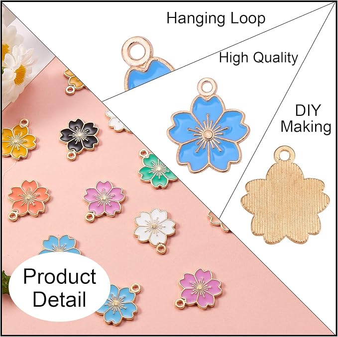 DanLingJewelry 100pcs Random Color Enamel Flower Charms Pendant Cherry Blossoms Charms for Women Girls Necklace Earring DIY Jewelry Accessories