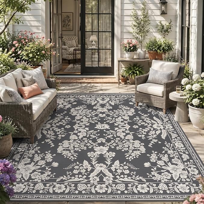 AMOAMI-Outdoor Rug-Patio Rug 5x8 ft Quick Dry Machine Washable Flatweave Textured Outdoor Carpet with Rubber Particles Backing Indoor Outdoor Rugs for Patio Deck Front Porch Balcony Greyish Black