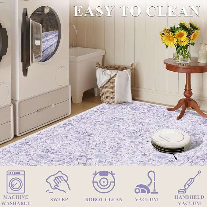 DUKINO 3x5 Rug, Washable Vintage Floral Bedroom Area Rug Non Slip, Purple | Low Pile, Non-Shedding, Aesthetic Lightweight Soft Indoor Small Carpet for Bathroom Entryway Living Room Office Farmhouse