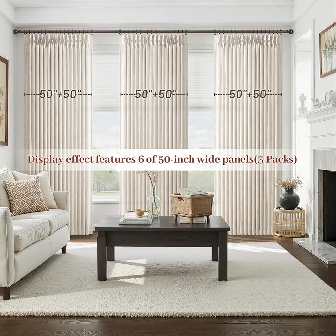 Thick Linen Pinch Pleated Curtains 78 Inches Long 2 Panels Set for Dining Room, Ivory Beige Memory Shape Semi Sheer Country Bedroom Viral Windows Curtain That Let Light in 50 x 78 Inch Drapes Decor