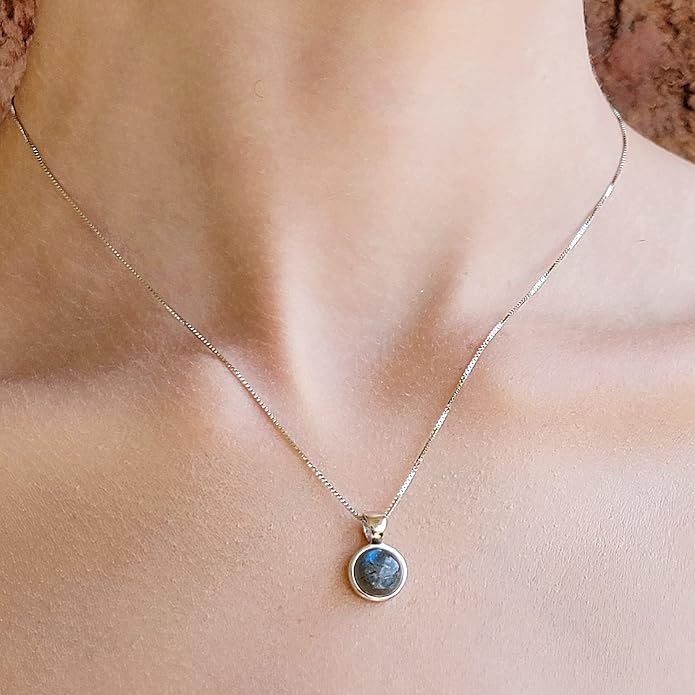 Natural gemstone 8mm round pendant with white gold over 925 sterling silver bezel cabochon plate and box chain, real genuine dainty birthstone gift for her, uniquelan jewelry