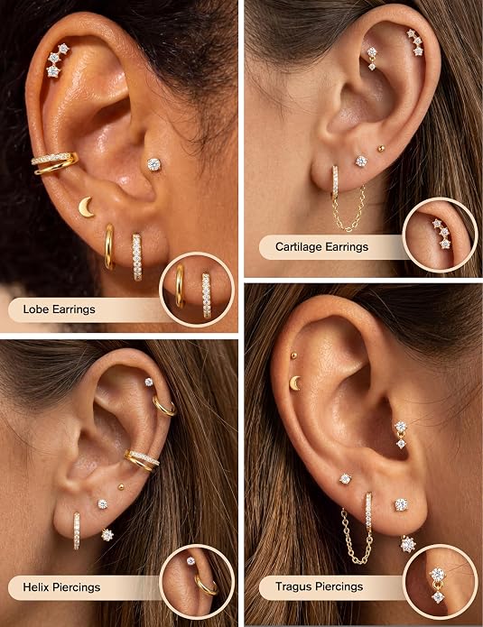 Florideco 14K Gold Plated Earrings for Women Hypoallergenic 20G Surgical Stainless Steel Flat Back Stud Earrings Dainty Stackable Earring Stacks Small Cartilage Earring Sets for Multiple Piercing