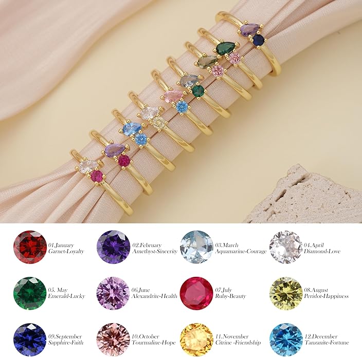 JSJOY Birthstone Rings for Women Dainty Emerald Blue Ring Birthday Gifts for Mom Her Gemstones CZ Ring for Teens Gold Rings That Don't Tarnish Adjustable Ring Jewelry Gifts