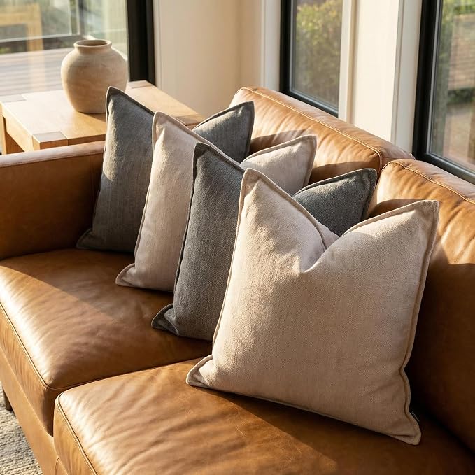 18x18 Inches Throw Pillow Covers Set of 4 Soft Textured Chenille Decorative Cushion Cases for Couch Sofa Bed Modern Farmhouse Neutral Accent Covers with Hidden Zipper Beige Coffee