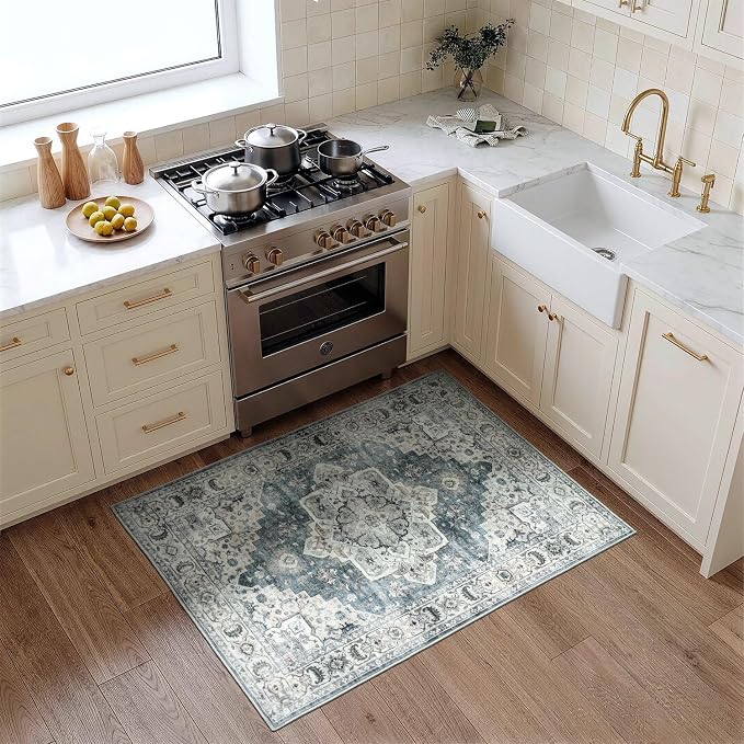 Lessymo 2 x 3 Runner Rug, Machine Washable Entryway Rugs Boho Faux Wool Low Pile Area Rug for Bedroom, Floral Medallion Vintage Rugs with Non-Slip Rubber,Blue Grey/Beige